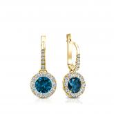 Certified 14k Yellow Gold Dangle Studs Halo Round Blue Diamond Earrings 1.00 ct. tw. (Blue, SI1-SI2)