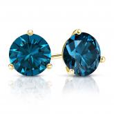 Certified 18k Yellow Gold 3-Prong Martini Round Blue Diamond Stud Earrings 1.50 ct. tw. (Blue, SI1-SI2)