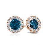 Certified 14k Rose Gold Halo Round Blue Diamond Stud Earrings 1.50 ct. tw. (Blue, SI1-SI2)