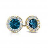 Certified 14k Yellow Gold Halo Round Blue Diamond Stud Earrings 1.50 ct. tw. (Blue, SI1-SI2)