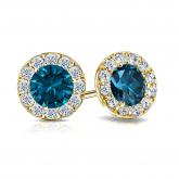 Certified 18k Yellow Gold Halo Round Blue Diamond Stud Earrings 2.50 ct. tw. (Blue, SI1-SI2)