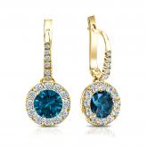 Certified 14k Yellow Gold Dangle Studs Halo Round Blue Diamond Earrings 2.50 ct. tw. (Blue, SI1-SI2)