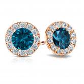 Certified 14k Rose Gold Halo Round Blue Diamond Stud Earrings 3.00 ct. tw. (Blue, SI1-SI2)