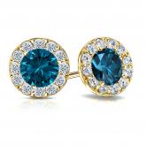 Certified 14k Yellow Gold Halo Round Blue Diamond Stud Earrings 3.00 ct. tw. (Blue, SI1-SI2)