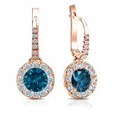 Certified 14k Rose Gold Dangle Studs Halo Round Blue Diamond Earrings 3.00 ct. tw. (Blue, SI1-SI2)