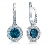 Certified 18k White Gold Dangle Studs Halo Round Blue Diamond Earrings 3.00 ct. tw. (Blue, SI1-SI2)