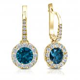 Certified 14k Yellow Gold Dangle Studs Halo Round Blue Diamond Earrings 3.00 ct. tw. (Blue, SI1-SI2)