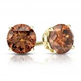 Certified 14k Yellow Gold 4-Prong Basket Round Brown Diamond Stud Earrings 1.50 ct. tw. (Brown, SI1-SI2)