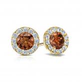 Certified 14k Yellow Gold Halo Round Brown Diamond Stud Earrings 1.50 ct. tw. (Brown, SI1-SI2)