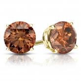 Certified 14k Yellow Gold 4-Prong Basket Round Brown Diamond Stud Earrings 2.50 ct. tw. (Brown, SI1-SI2)