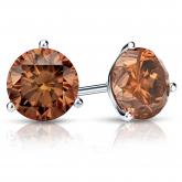 Certified 18k White Gold 3-Prong Martini Round Brown Diamond Stud Earrings 2.00 ct. tw. (Brown, SI1-SI2)