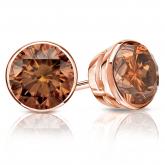 Certified 14k Rose Gold Bezel Round Brown Diamond Stud Earrings 2.00 ct. tw. (Brown, SI1-SI2)