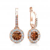 Certified 14k Rose Gold Dangle Studs Halo Round Brown Diamond Earrings 2.00 ct. tw. (Brown, SI1-SI2)