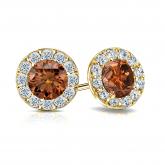 Certified 18k Yellow Gold Halo Round Brown Diamond Stud Earrings 2.50 ct. tw. (Brown, SI1-SI2)