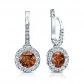 Certified 18k White Gold Dangle Studs Halo Round Brown Diamond Earrings 2.50 ct. tw. (Brown, SI1-SI2)