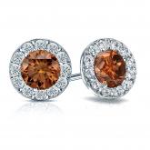 Certified 14k White Gold Halo Round Brown Diamond Stud Earrings 3.00 ct. tw. (Brown, SI1-SI2)