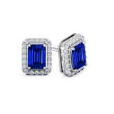 Lab Grown Gemstone Blue Sapphire Stud Earrings Emerald 0.50 ct. tw. Platinum Halo