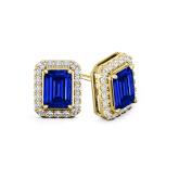 Lab Grown Gemstone Blue Sapphire Stud Earrings Emerald 2.00 ct. tw. 18k Yellow Gold Halo