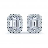 GIA Certified 1.50ct TDW Emerald Diamond Stud Earrings in 18k White Gold Halo Setting (D, VVS1)