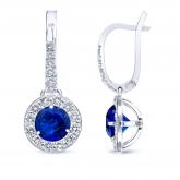 Certified Platinum Dangle Studs Halo Round Blue Sapphire Gemstone Earrings 3.00 ct. tw.