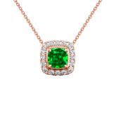 Lab Grown Gemstone Green Emerald Pendant Cushion 0.75 ct. tw. 14k Rose Gold Halo