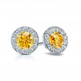 Certified 18k White Gold Halo Round Yellow Diamond Stud Earrings 1.50 ct. tw. (Yellow, SI1-SI2)