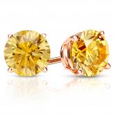 Certified 14k Rose  Gold 4-Prong Basket Round Yellow Diamond Stud Earrings 2.00 ct. tw. (Yellow, SI1-SI2)