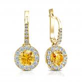 Certified 18k Yellow Gold Dangle Studs Halo Round Yellow Diamond Earrings 2.50 ct. tw. (Yellow, SI1-SI2)