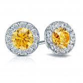 Certified 14k White Gold Halo Round Yellow Diamond Stud Earrings 3.00 ct. tw. (Yellow, SI1-SI2)